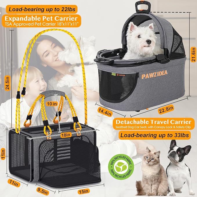PAWZIDEA Double Pet Stroller with 2 Detachable Carriers, Portable Dog Crate for Car Travel & TSA-Approved Expandable Cat Carrier, Foldable Lightweight Jogger Stroller for 2–4 Cats or Small/Medium Dogs-Mewly Pet