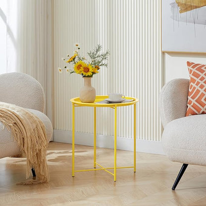 VECELO Side/End Table, Folding Round Metal Anti-Rust and Waterproof Outdoor or Indoor Tray for Living Room Bedroom Balcony and Office, 2 PCS, Yellow