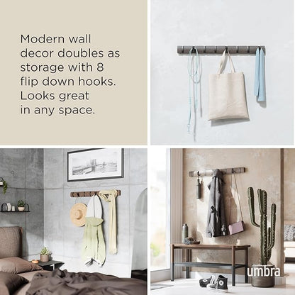 Umbra Flip Wall-Mounted Coat Rack Rail Hook for Hats, Jackets, Bags and More – Modern, Space-Saving Storage Organizer for Entryway, Mudroom, Closet, Bathroom, Bedroom, Kids Room, or Nursery, 8 Hooks,