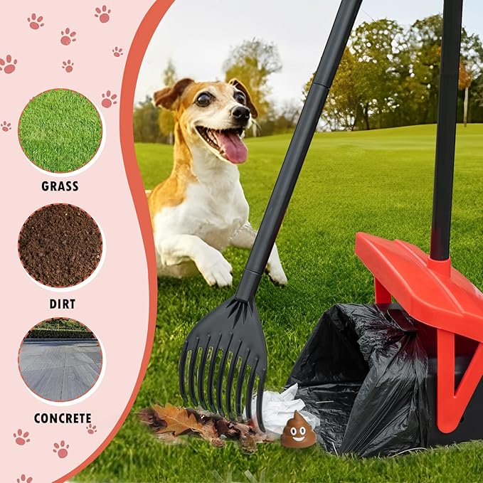 TIMINGILA 36" Pooper Scooper Swivel Bin & Rake with 100 Dog Poop Bags,Adjustable Long Handle for No-Bend Cleanup,Portable Non-Breakable Dog Poop Scooper for Large Medium Small Dogs-Mewly Pet