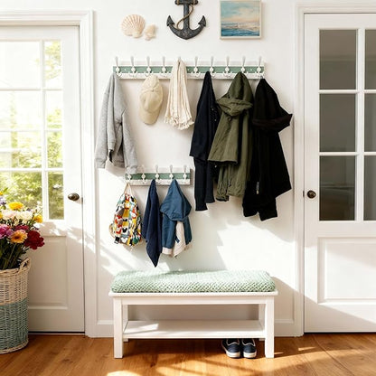 SKOLOO Coastal Wall Mounted Coat Rack - 17" Beach House Entryway Wooden Coat Hook with 5 Hooks for Hanging Coats, Hats or Towels, Oceanfront Cottage Core Collection, White & Green, Pack of 2