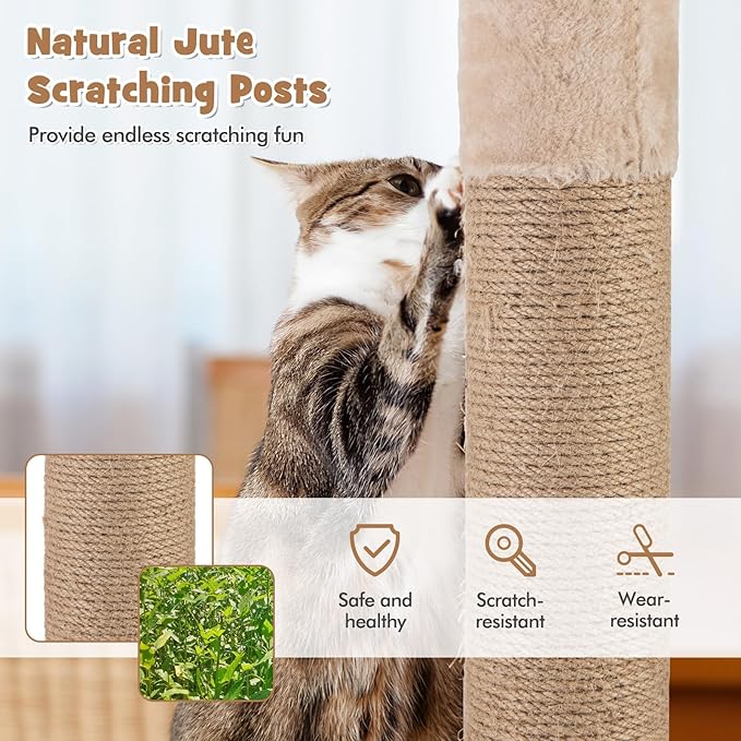 PETSITE 65 inch Cattail Cat Tree Tower, Multi-Level Cat Tower with Natural Jute Scratching Posts, Cat Bed, Top Perch, Dangling Balls and Jumping Platforms, Modern Tall Cat Tree for Indoor Cats-Mewly Pet