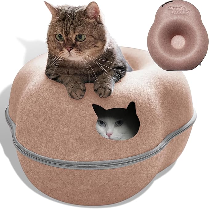 Cat Tunnel Bed for Indoor Cats, Medium Large, Donut Cave House up to 22 Lbs, Spacious for 2 Kittens (Brown)-Mewly Pet