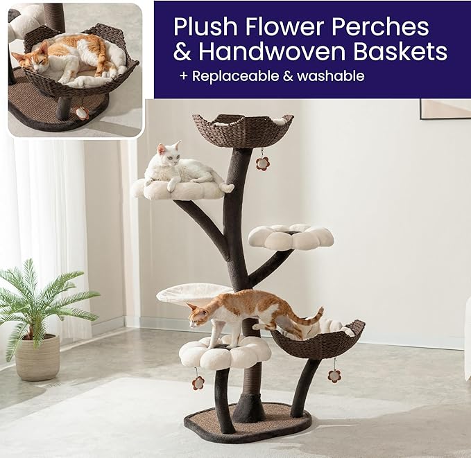 Catry Blossom 59" Flower Cat Tree with Replaceable Flower Perches and Scratching Posts, Handwoven Baskets with Washable Beds, Durable Iron Frame for Large & Multi-Cat Homes-Mewly Pet