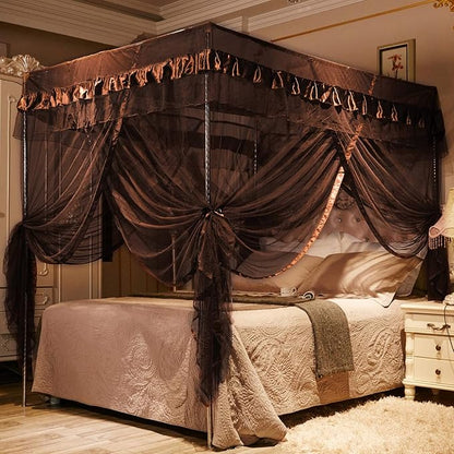 Mengersi 4 Corners Post Canopy Bed Curtains for Adults Bed Netting Bedroom Decoration (Queen, Coffee)