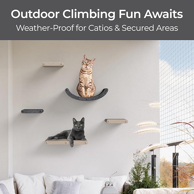 Wall Mounted Cat Shelves (Set of 4) by Pryde Pets - 100% Sustainable PET Felt Feline Enrichment Climber Furniture for Small & Large Indoor Cats, Modern Climbing Gym Jungle Design (Oatmeal)-Mewly Pet