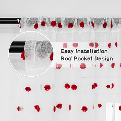 MYSKY HOME Short Curtains for Bedroom 54 Inches Long Merry Christmas Red Pom Pom White Sheer Curtains Kitchen Bathroom Nursery Boys Kids Room Rod Pocket 2 Pieces Small Window 52" x 54"