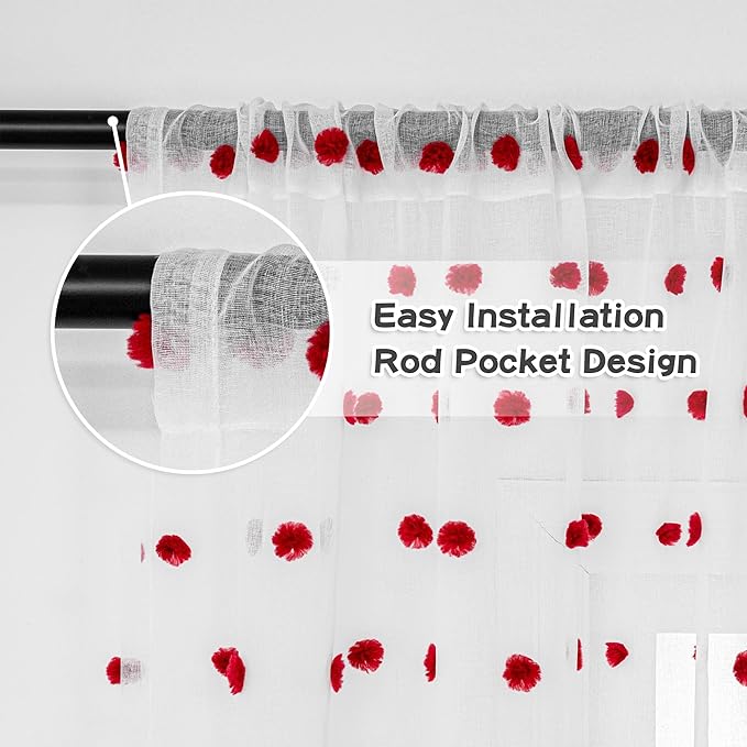MYSKY HOME Red Pom Pom Curtains for Kitchen 45 Inch Long Bedroom Curtains Christmas Small Windows Light Filtering Sheer Curtains for Nursery Short Cafe Bathroom Privacy Rod Pocket 2 Panels 52 x 45 in