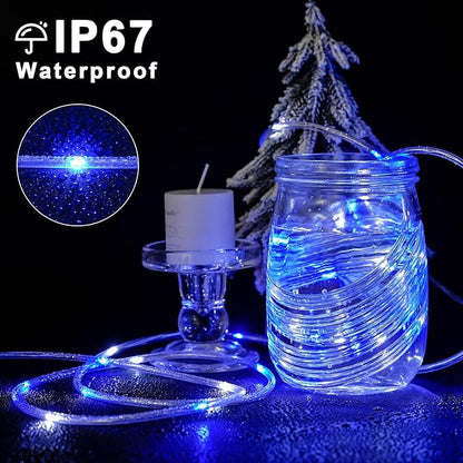 JMEXSUSS 2 Pack Rope Lights Battery Operated Christmas Lights Outdoor, Total 200LED 66ft 8 Modes Battery Powered String Lights with Remote, Blue and White String Light for Christmas Decor