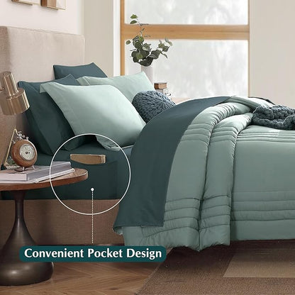 Monbix Oversized Queen Comforter Set - 7 Pieces Sage Green Bed in a Bag Queen Bedding Sets with Comforters, All Seasons Down Alternative Comforter Bed Set with Sheets,Pillowcases & Shams