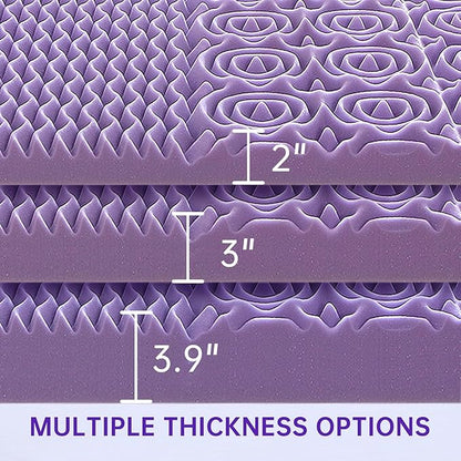 MUXHOMO 3.9 Inch 7-Zone Queen Mattress Topper, Egg Crate Foam Mattress Topper Queen Size for Back Pain, Lavender Cooling Gel Infused Bed Pad, CertiPUR-US and Oeko-TEX Certification (60"×80")
