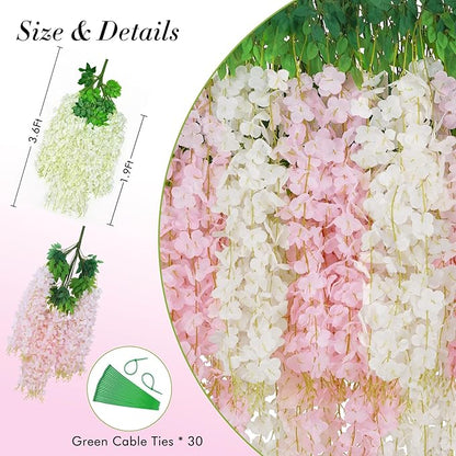 60 Pack White Pink Wisteria Hanging Flowers, Fake Hanging Flowers for Decoration, Artificial Flowers,Vines for Bedroom,Flower Garland for Home,Party,Garden, Wall,Wedding Decoration(3.6 Ft/Pcs)