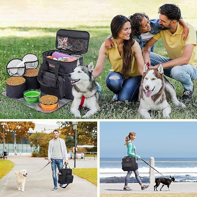 Modoker Dog Travel Bag with 2 Collapsible Dog Bowls, 1 Dog Backpack, Airline Approved Pet Travel BagOrganizer for Supplies & Accessories, 2 Travel Dog Food Container, Black-Mewly Pet