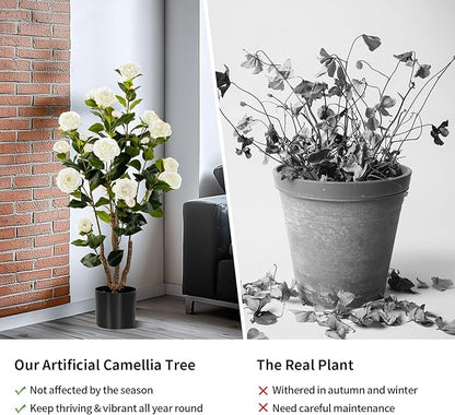 Artificial Camellia Tree 2 Pack, Artificial Plants Outdoor Faux Floral Plant in Cement Pot Fake White Silk Camellia Tree Plants for Home House Living Room Office Decor (White)