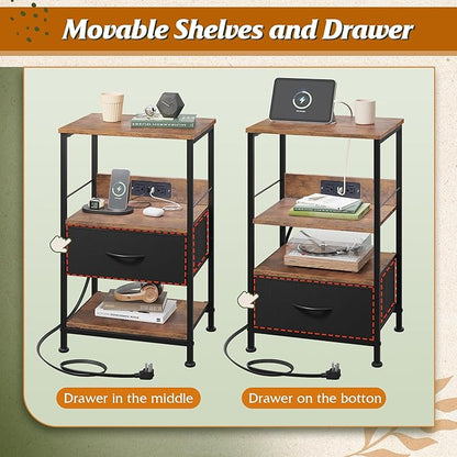 WLIVE LED Night Stand, Nightstand with Charging Station, Small Bed Side Table with Fabric Drawer and Open Shelves, Tall End Table with USB Ports & Outlets, Black and Rustic Brown