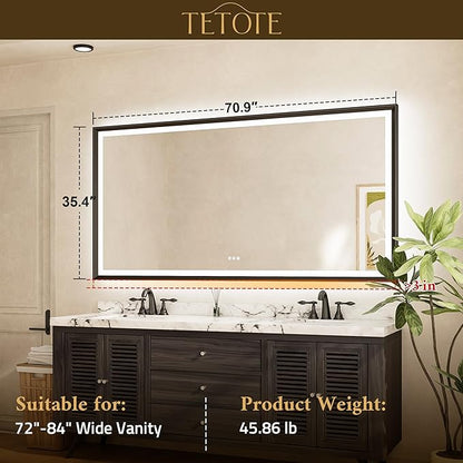 TETOTE 72x36 LED Bathroom Mirror with Lights Gold Metal Framed Front & Back Light Vanity Mirror Baroque Antifog Stepless Dimmable White/Warm/Natural,CRI90+,Waterproof,Wall Mounted(Horizontal/Vertical)