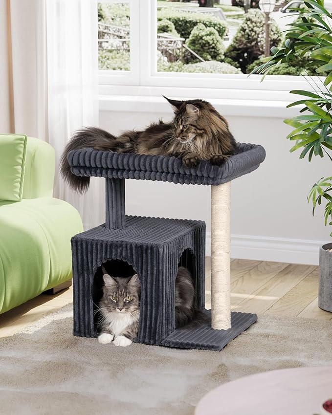 Cat Tree for Large Cat, 22.8” Cat Tower with Scratching Post, 20.9 * 15.7in Perch Bed for Adult Cats, Cat Condo with 2 Caves for Indoor Cats, Dark Gray-Mewly Pet