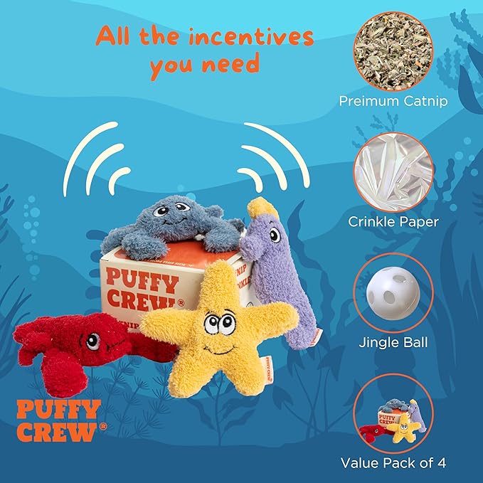 4 Pack Interactive Catnip Cat Plush Toy, Ocean Theme Set, 5'', for All Breed Size Cats (4 in 1)-Mewly Pet