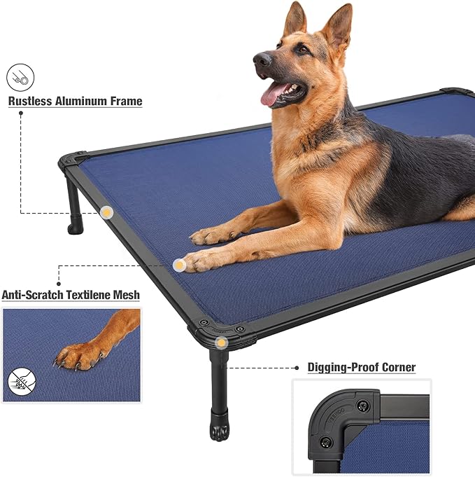 Veehoo Chew Proof Elevated Dog Bed - Cooling Raised Pet Cot - Rustless Aluminum Frame and Durable Textilene Mesh, Unique Designed No-Slip Feet for Indoor or Outdoor Use, Blue, XX-Large, CWC2002-Mewly Pet