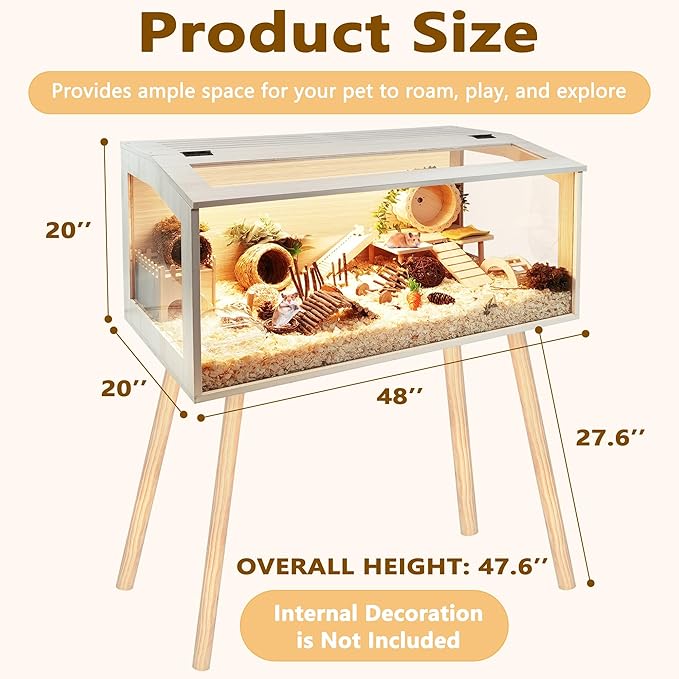 Prolee Hamster Cage Wooden Chew Proof, Extra Large Mice and Rat Habitat Openable Top with Acrylic Sheets Solid Built Small Animal Cage with Leg Stands, 48 Inch Long-Mewly Pet