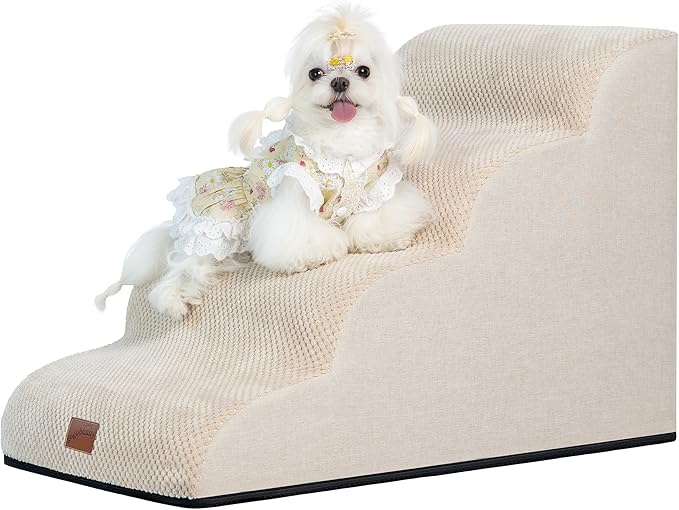 GoGoBunny Waterproof High Density Foam Curved Dog Stairs for High Beds Couches 19.7" H, 4-Step Ramp Dog Steps Friendly to Small Medium Dogs or Pets Joints, Non-Slip Balanced Durable Pet Step, Beige-Mewly Pet