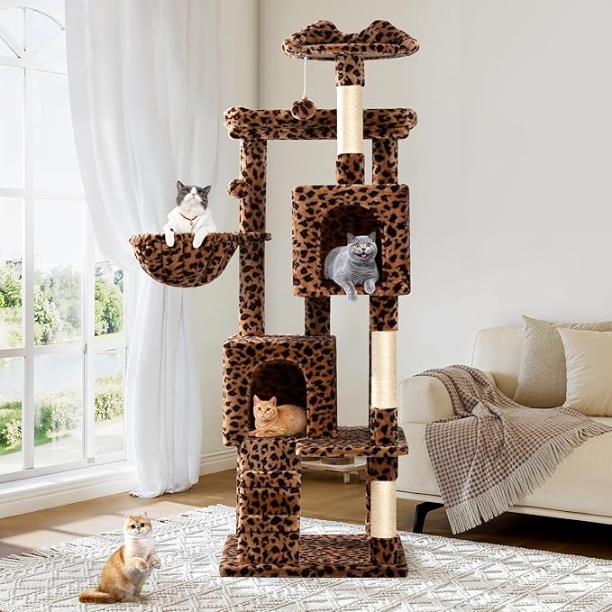 Allewie 64 Inches Cat Tree Tower/Multi-Level Activity Center for Indoor Big Felines/2 Plush Condos/2 Perchs/Basket/House/Sisal Scratching Posts/Hanging Cat Toys/Leopard Print-Mewly Pet