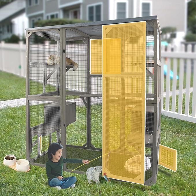 Catio Outdoor Cat Enclosure Large Window Cat House Walk in Kitty Cage with Multi-Level Platforms, Waterproof Roof for Mulitiple Cats (59" L x 29.5" W x 67.7" H)-Mewly Pet