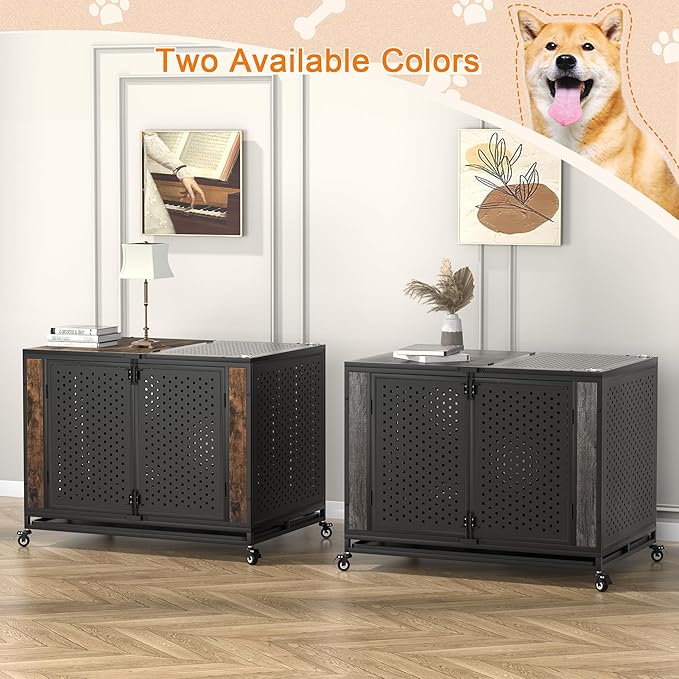 42" Heavy Duty Dog Crate Furniture for Large and Medium Dogs, Enclosed Design with 0.5 inch Holes, Indestructible Metal Kennel for High Anxiety Dogs, Chew Proof Pet House Cage Indoor, Brown-Mewly Pet