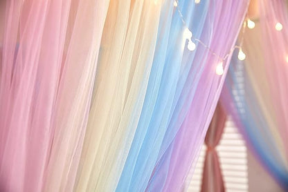 Akiky Canopy Bed Curtains with Lights 4 Corner Post Bed Canopy for Adults Girls, Rainbow Bed Drapes Netting-8 Panel Curtains,Twin