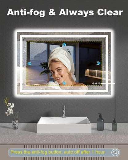 48x32 Inch LED Lighted Bathroom Mirror, Light Up Bathroom Vanity Mirror Unbreakable with 2 Front Lights & Back Lit, 3 Colors Stepless Dimmable, Anti-Fog, Memory Function, Closable Blue Buttons
