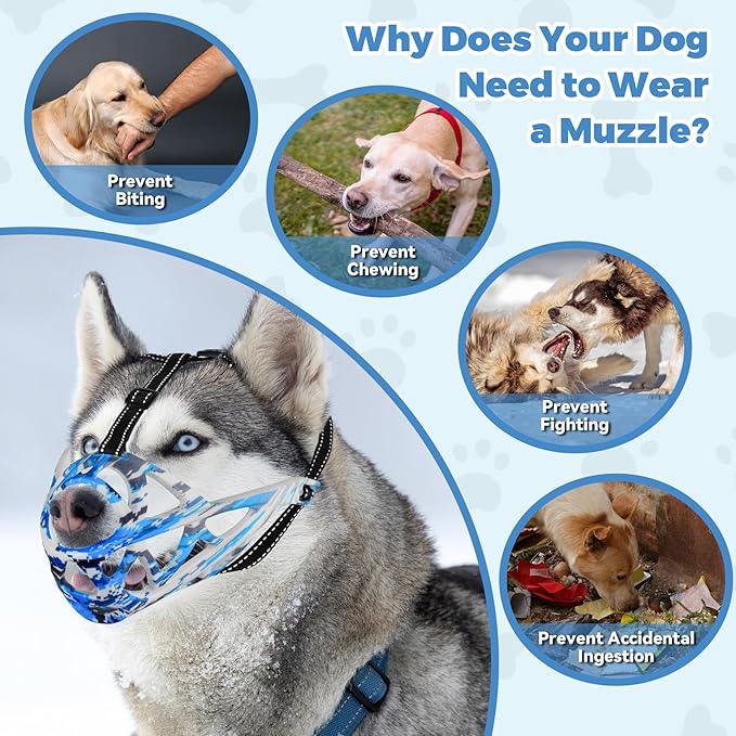 Dog Muzzle for Large Dogs, Breathable Basket Muzzles for Small, Medium and X-Large Aggressive Dog, Allows Panting Drinking, Suitable for Grooming Trimming Training (Camouflage Blue, S)-Mewly Pet