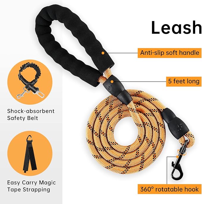IVY&LANE No Pull Dog Harness for Medium Dogs, Dog Vest Harness with Leash, Safety Belt and Storage Strap, Fully Adjustable Harness, 360° Reflective Strip, Soft Handle (Orange, M)-Mewly Pet