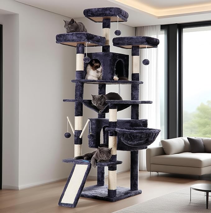 Hey-brother Cat Tree, 71 inches XL Large Cat Tower for Indoor Cats, Multi-Level Cat House with 3 Padded Perches, Big Scratcher, Cozy Basket, 2 Cat Condos and Scratching Posts, Smoky Gray MPJ034G-Mewly Pet