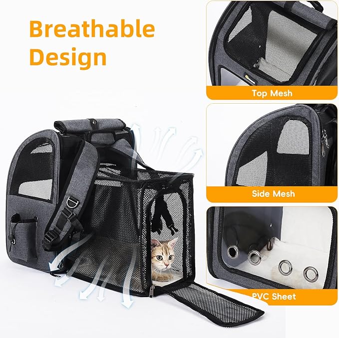 Hoopet Expandable Cat Backpack Carrier – Breathable Pet Carrier for Small Cats & Dogs, Foldable Travel Backpack with Mesh Ventilation for Hiking, Walking, Camping, Dark Grey-Mewly Pet