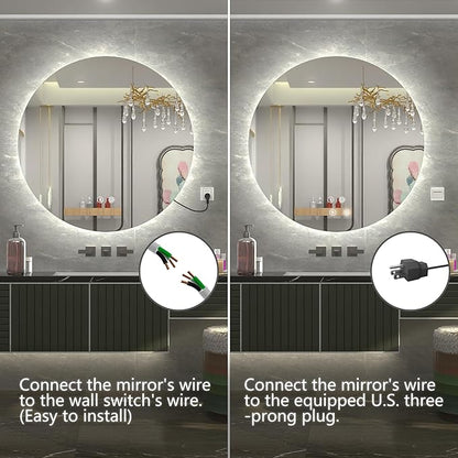 40 Inch Round LED Mirror, Backlit Round Lighted Bathroom Mirror,Large Circle Vanity Wall Mounted, Anti-Fog, Dimmable, 3000K/4500K/6000K