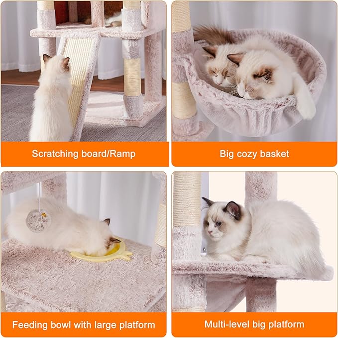 Heybly Tall Cat Tree, 78-inch Multi-Level Cat Tower for Indoor Cats, 2 Widened Plush Perches Cat Condo with Scratching Board and Big Caves, Muchroom HCT033MU-Mewly Pet