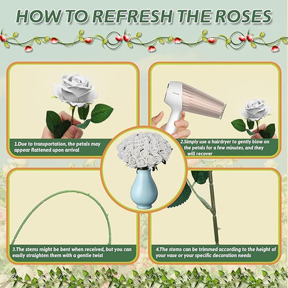 100 PCS Fake White Roses, Artificial Flowers Bulk Realistic Silk Faux Ivory Rose with Stems for Wedding Decorations Table Centerpieces Bridal Bouquet DIY Floral Arrangement Event Party Home Decor