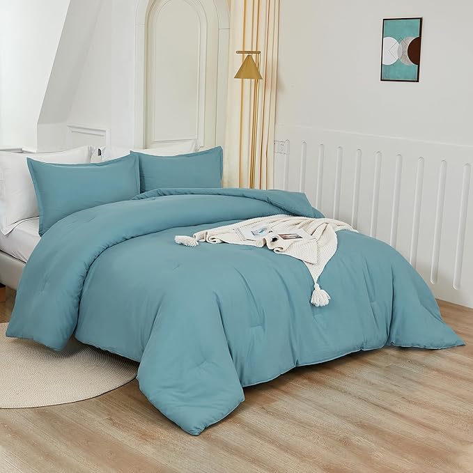 Litanika Grayish Teal Comforter Full Size, 3 Pieces Lightweight Solid Bedding Set, All Season Fluffy Bed Set (79x90In Comforter & 2 Pillowcases)