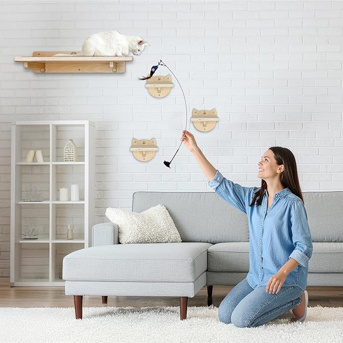 Snuggle & Play Cat Wall Shelves with Suction Cup Wand – 3 Mounted Steps, Climbing Wall Shelves and Furniture with Cat Wand-Mewly Pet