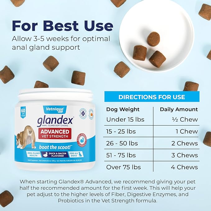 Vetnique Glandex Anal Gland Soft Chew Treats with Pumpkin for Dogs Digestive Enzymes, Probiotics Fiber Supplement for Dogs Boot The Scoot (Advanced Strength Duck/Bacon Chews (Vegetarian), 60 Ct)-Mewly Pet