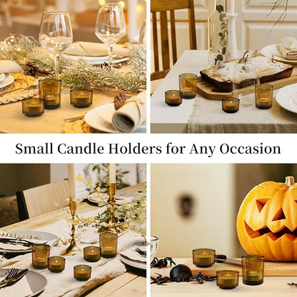 Glasseam Amber Tealight Candle Holders: 24pcs Ribbed Small Votive Holders Bulk for Thanksgiving Table Centerpiece Fall Wedding Christmas Decor