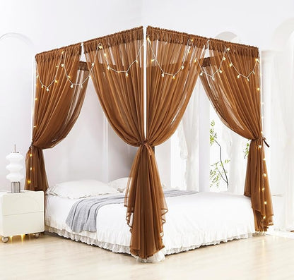 Akiky Canopy Bed Curtain with Lights Bed Drapes for Girls Adults Soft Bed Canopy Scarf for Bed Room Decoration (King, Coffee)