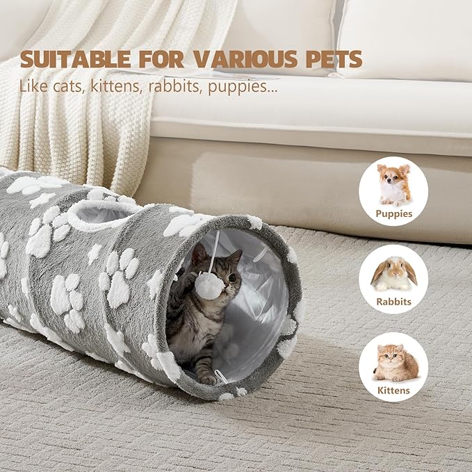 Straight Cat Tunnel for Indoor Cats 47"x12", Cute Cat Toys Collapsible Tunnel Tube with Balls for Puppy Kitten Rabbit, Grey Paw-Mewly Pet