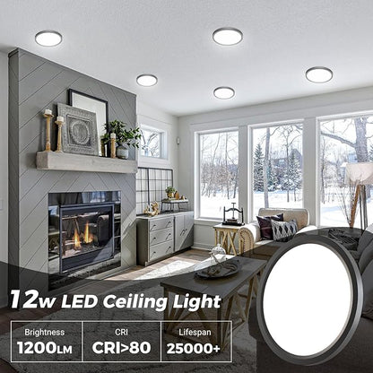 zemty 4Pack LED Ceiling Light Fixture 6.5 Inch, 12W 1200lm Ceiling Mount Light Fixtures, Adjustable 3000K 4000K 6500K, Round Flat Ceiling Lamp for Bathroom Closet Hallway Laundry (Black)