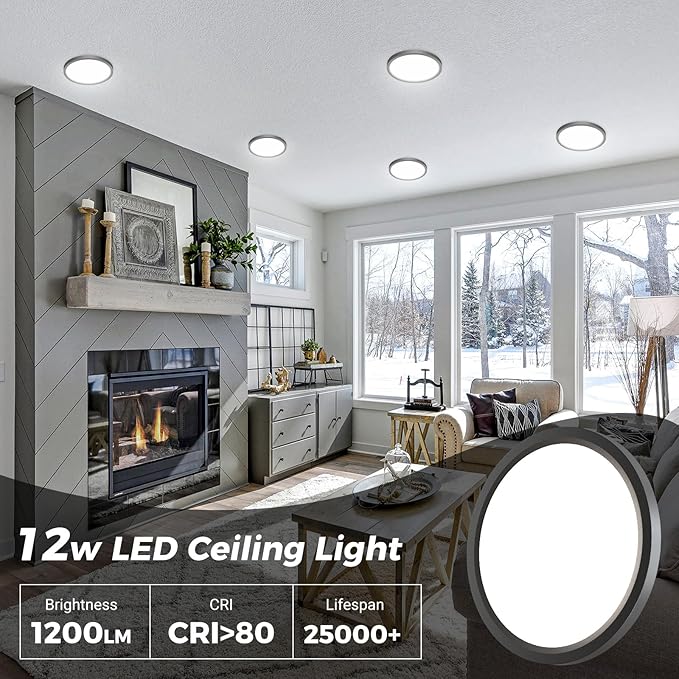 zemty LED Ceiling Light Fixture, 6.5-Inch 12W 1200lm Small Flush Mount Light, Adjustable 3000K 4000K 6500K Color Temperatures, Round Flat Recessed Lamp for Kitchen Closet Hallway Laundry, Black