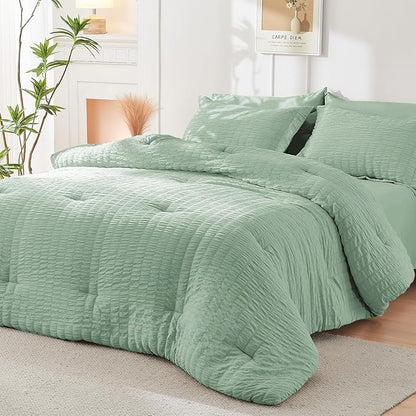 HYMOKEGE Sage Green Queen Comforter Set Seersucker 7 Pieces, All Season Luxury Bed in a Bag for Bedroom, Bedding Set with Comforters, Sheets, Pillowcases & Shams