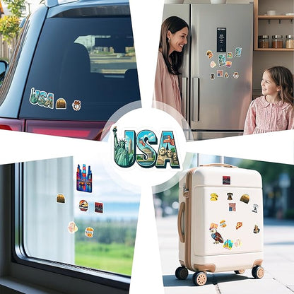 100 PCS USA Travel Stickers Pack – American Quotes, Food & Culture Vinyl Waterproof Decals for Laptop, Water Bottle, Scrapbook, Hard Hat, Car Gift for Kids, Teens, Adults