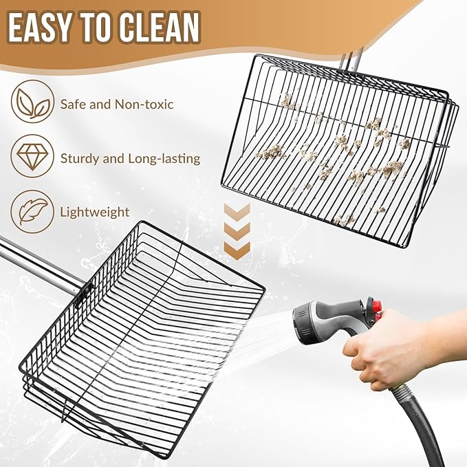 SlowTon 10-inch Large Chicken Poop Scooper - 5 in 1 Multifunctional Chicken Litter Scoop with 35 to 67in Stainless Steel Handle, Heavy Duty Chicken Coop Cleaning Tool Litter Sifting Shovel-Mewly Pet