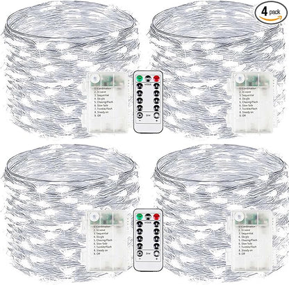 4-Pack Fairy Lights Battery Operated with Remote, Waterproof 33FT 100 LED Battery String Lights Outdoor Indoor, 8 Modes Twinkle Lights with Timer for DIY Home Centerpiece Christmas Decor (Cool White)