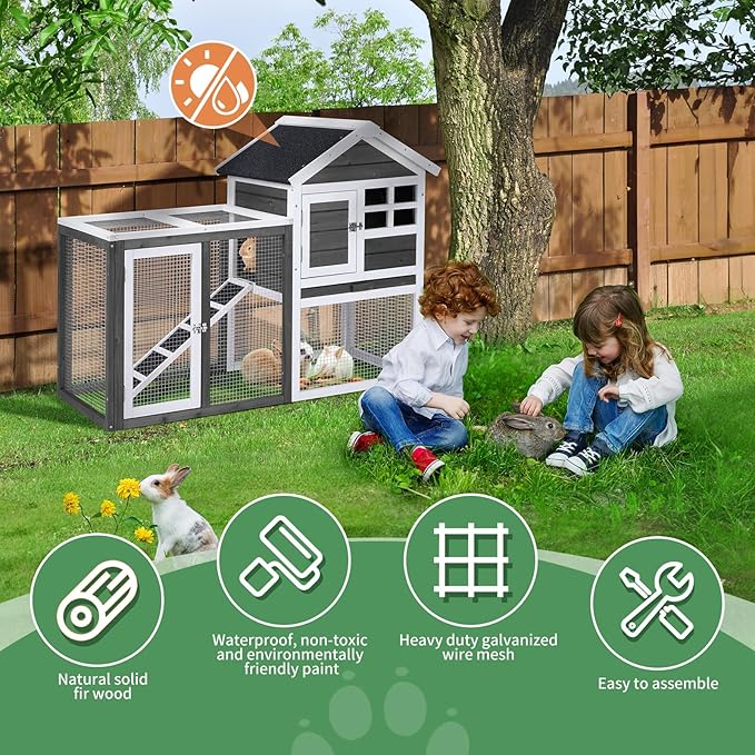 Outvita Rabbit Hutch, Small Wood Chicken Coop, 48" Guinea Pig Cage w/Pull-Out Tray, Waterproof Asphalt Roof, Chicken Run, Interactive Door for Small Animal Pen Outdoor-Mewly Pet